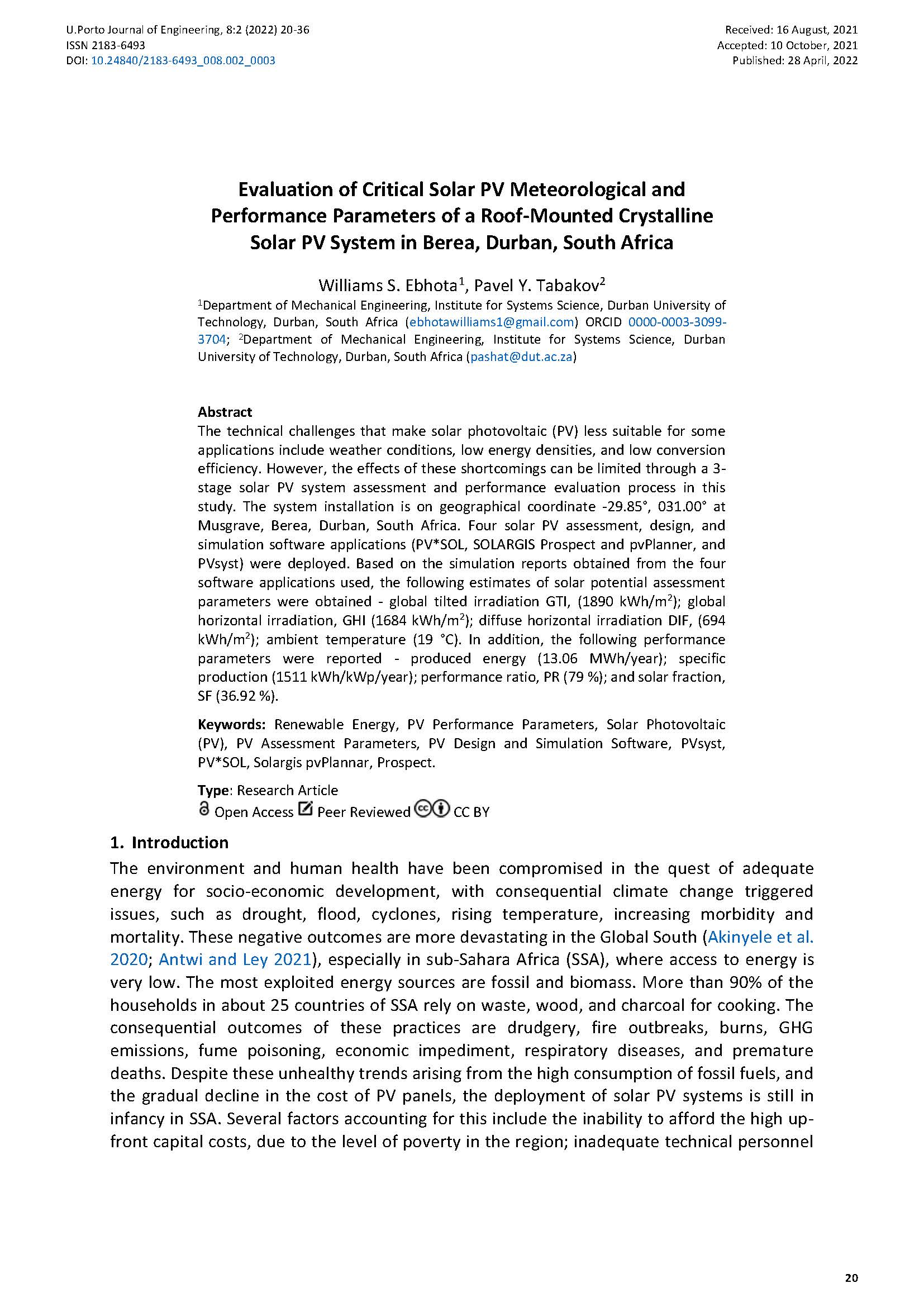 Evaluation of Critical Solar PV Meteorological and Performance Parameters of a Roof-Mounted Crystalline Solar PV System in Berea, Durban, South Africa