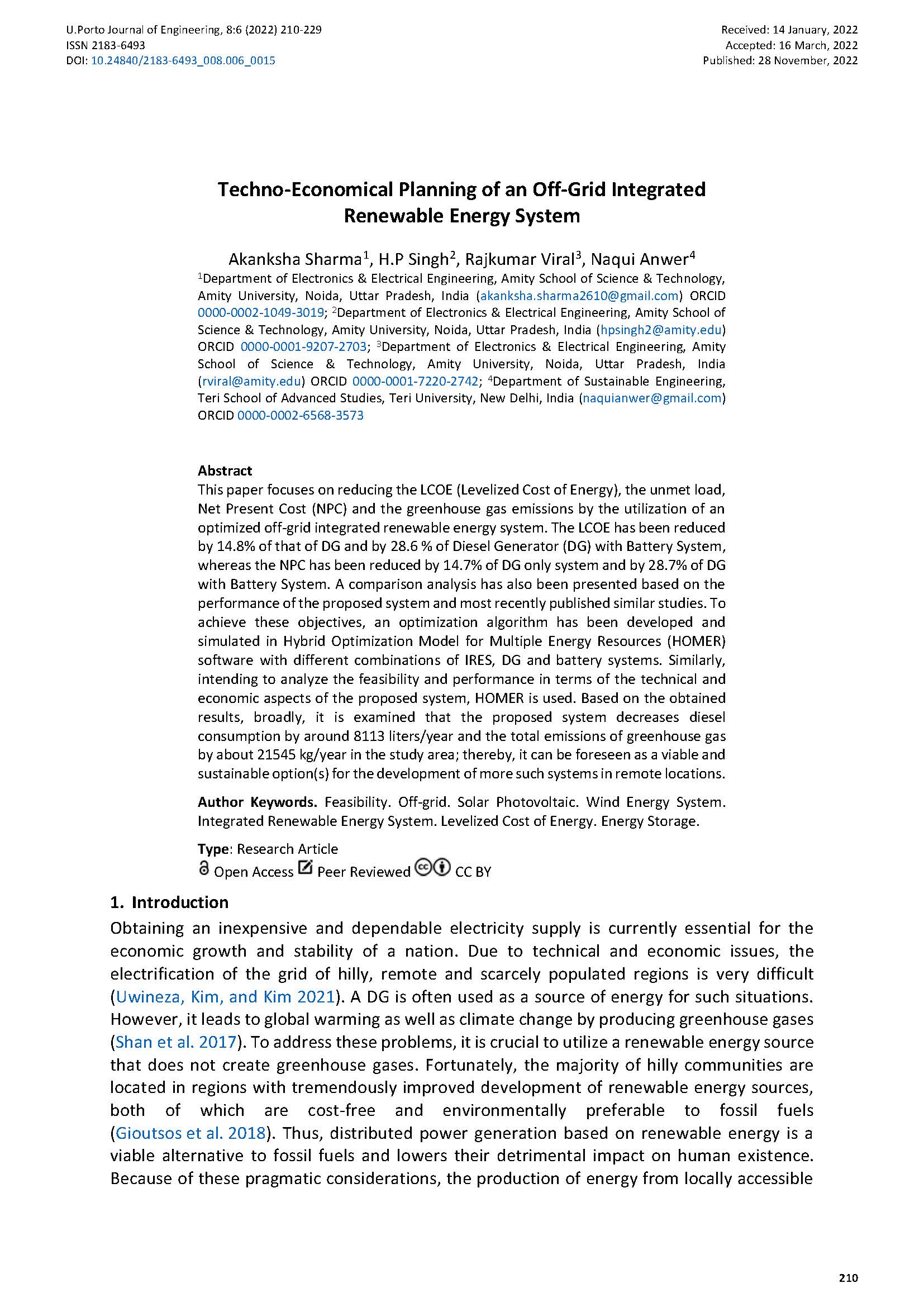 Techno-Economical Planning of an Off-Grid Integrated Renewable Energy System