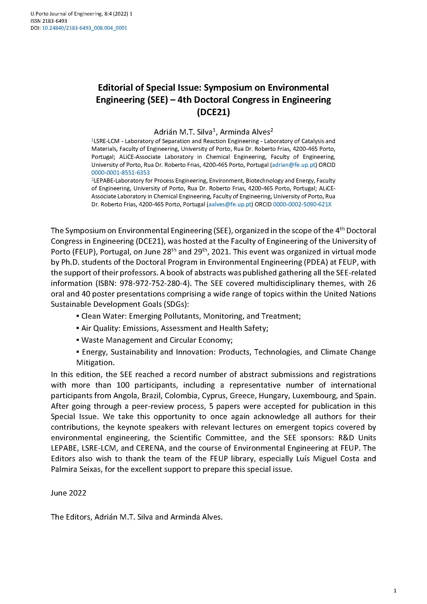 Editorial of Special Issue: Symposium on Environmental Engineering (SEE) – 4th Doctoral Congress in Engineering (DCE21)